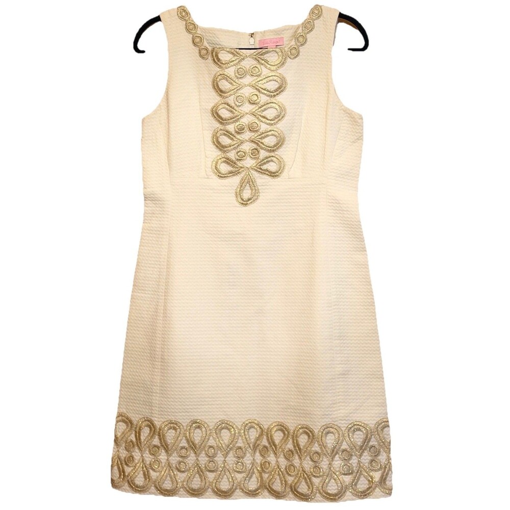 Lilly Pulitzer Resort White Adelson Shift Dress Gold Soutache Size 8